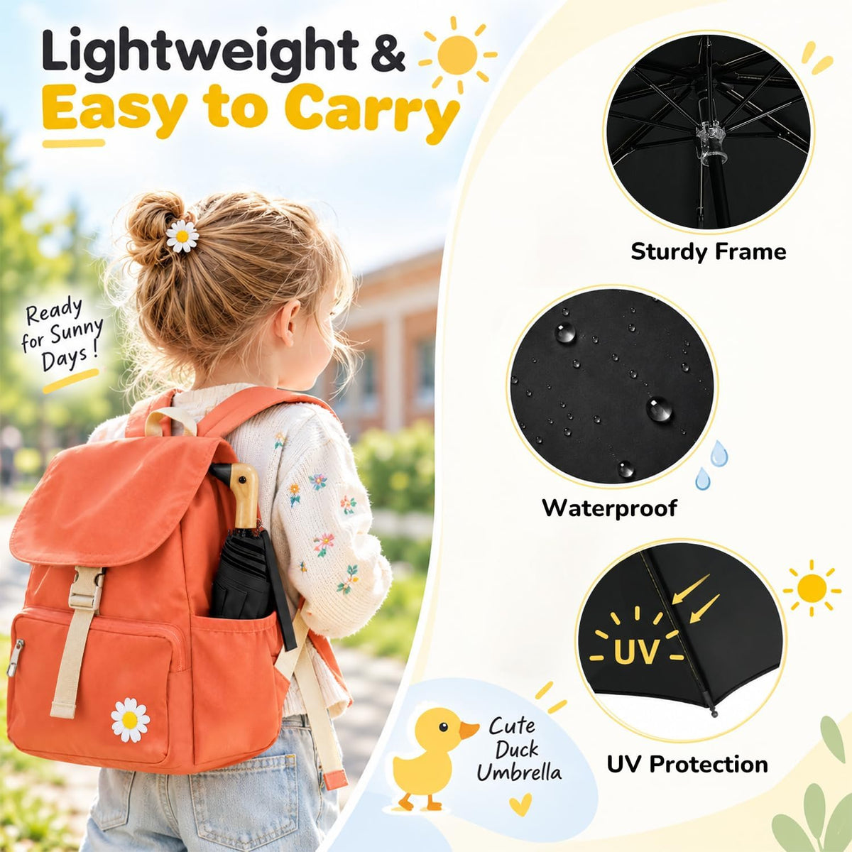 Cute Duck Handle Umbrella Compact Folding Travel Rain for Kids Women Adults