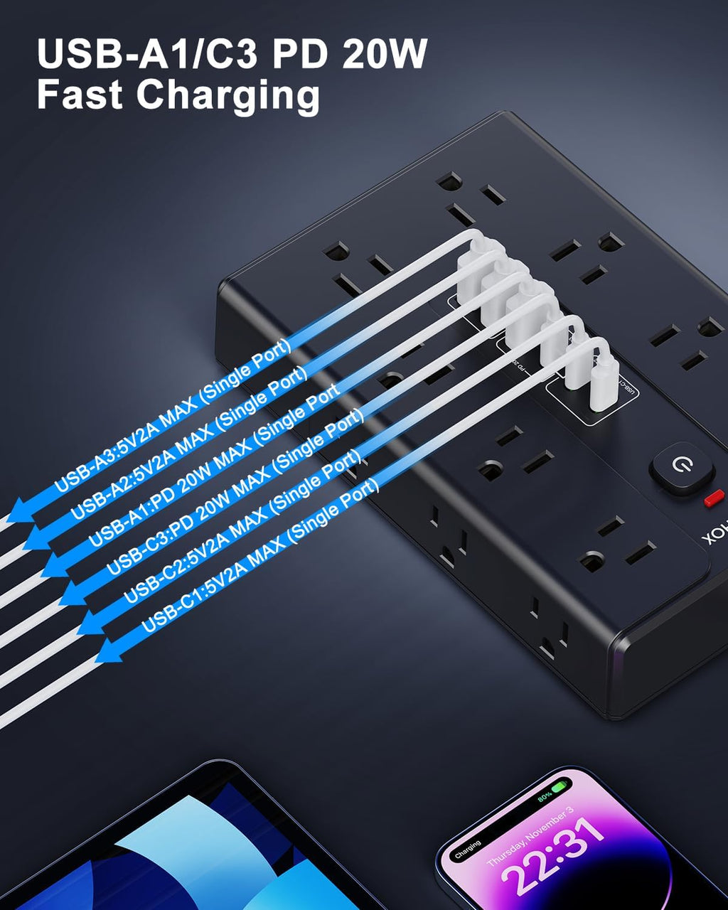 Surge Protector Power Strip with 16 AC Outlets 6 USB Ports(3 Type C)