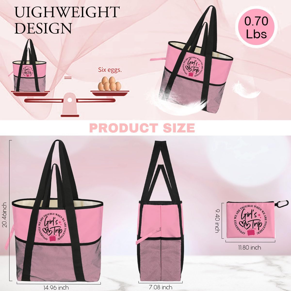 girls trip bags Foldable Waterproof Beach Tote for Women - 8 Zippered Pockets, Lightweight Travel Bag for Swim