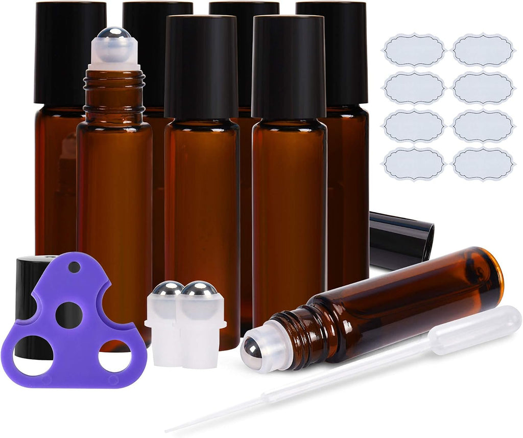 ULG Roll on Bottles 10ml Amber Glass Empty Bottles 8 Piece with Stainless Steel Roller Ball 2 Extra Balls 8 Piece Waterproof Labels 1 Opener and 3ml Dropper for Essential Oils
