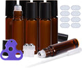 ULG Roll on Bottles 10ml Amber Glass Empty Bottles 8 Piece with Stainless Steel Roller Ball 2 Extra Balls 8 Piece Waterproof Labels 1 Opener and 3ml Dropper for Essential Oils