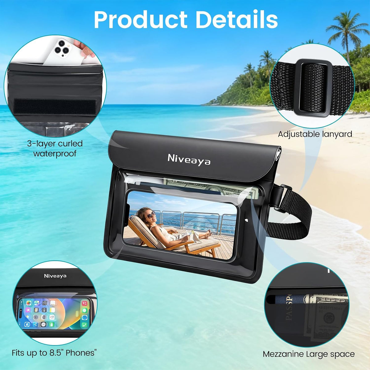 Niveaya IPX8 Waterproof Fanny Pack, Waterproof Pouch Dry Bag for Beach, Kayaking, Swimming, Boat Travel Cruise Essentials, Waterproof Phone Bag Passport Holder for Women Men(2 Pack)