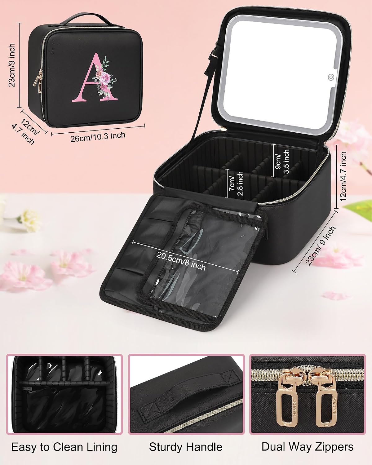 Relavel Initial Makeup Bag with LED Mirror for Women Girls, Personalized Travel Cosmetic Organizer Train Case, Birthday Gifts for Grandkids Bridesmaid Graduation Teacher Friends, Trendy Stuff, Black F