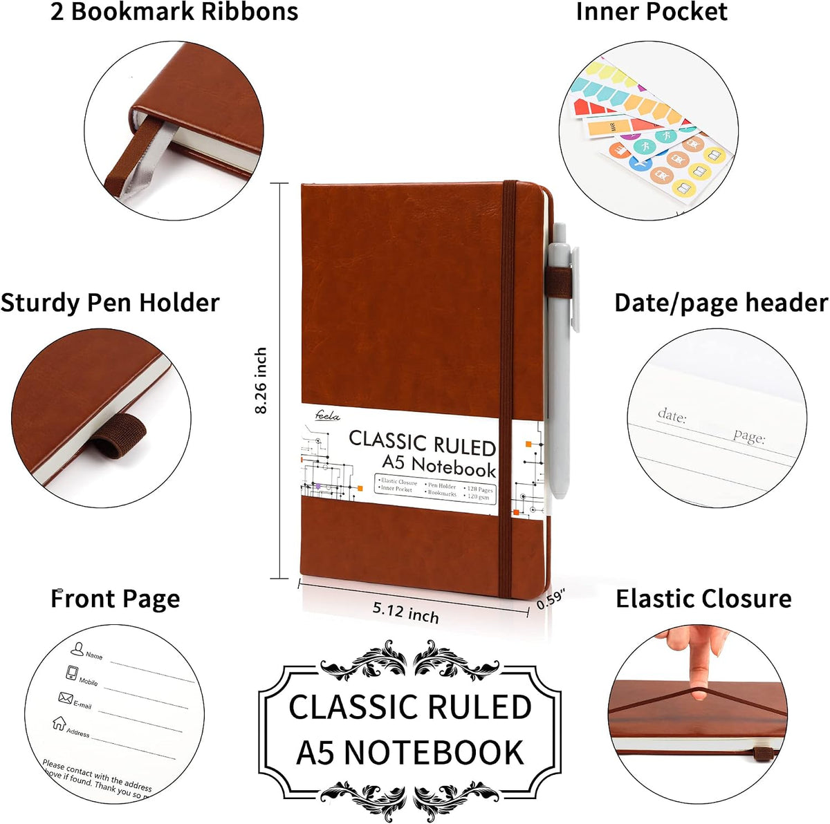 12 Pack Notebooks Journals Bulk with 12 Black Pens, Feela A5 Hardcover Notebook Classic Ruled Journal Set with Pen Holder for School Business Work Travel Writing, 120 GSM, 5.1”x8.3”, Brown