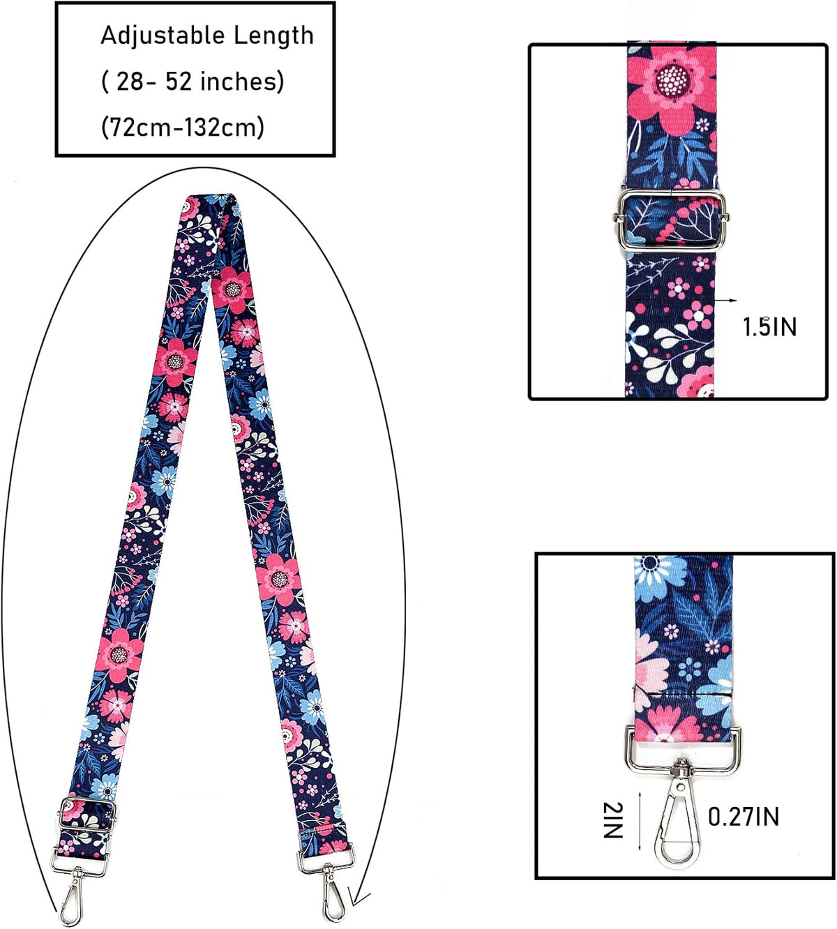 1.5" Wide Purse Strap Silver Hardware Adjustable Replacement Long Crossbody Bag Strap for Thick Shoulder Bags Canvas Handbags Straps