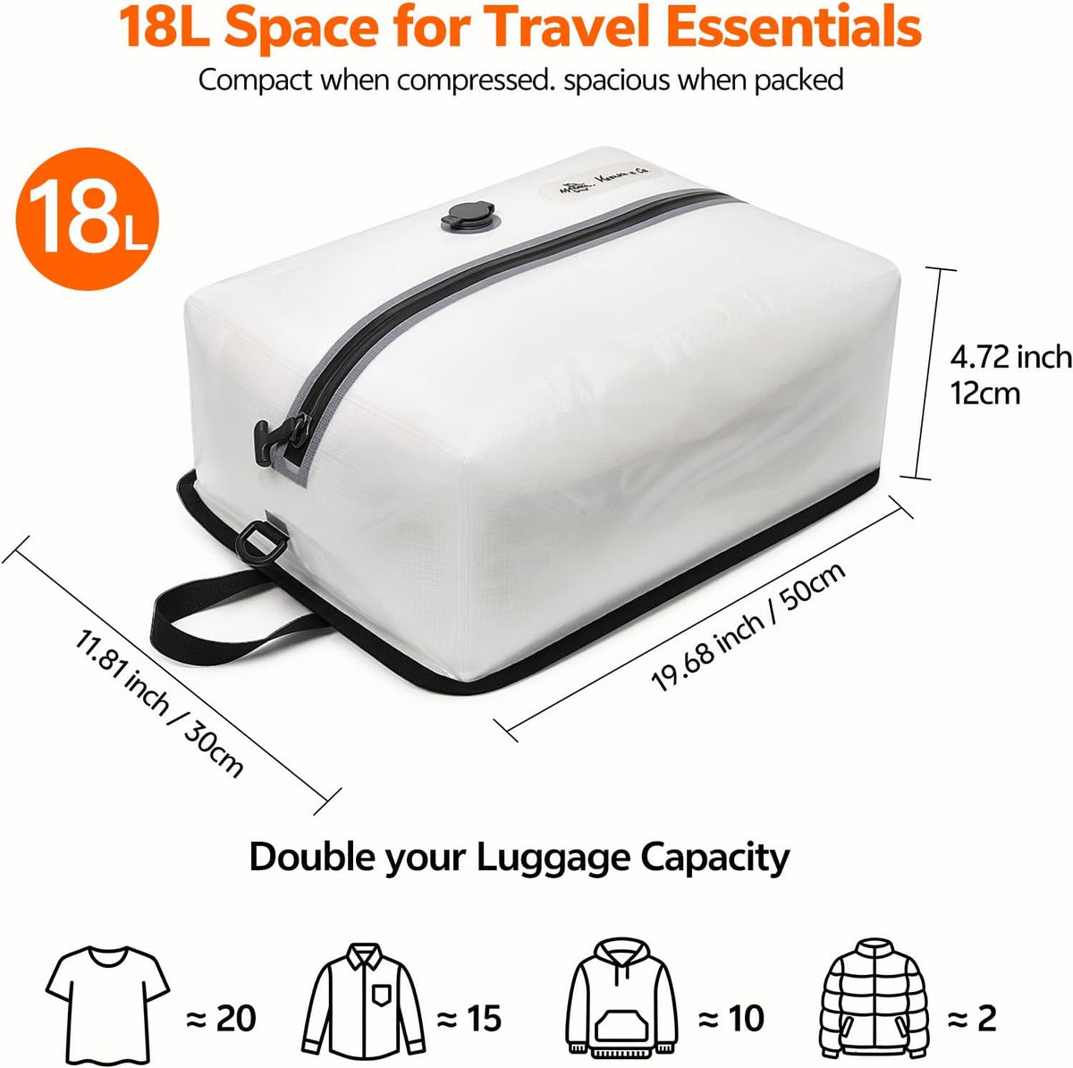 18L Travel Vacuum Bags with Electric Pump, 2 Pack Bag, White
