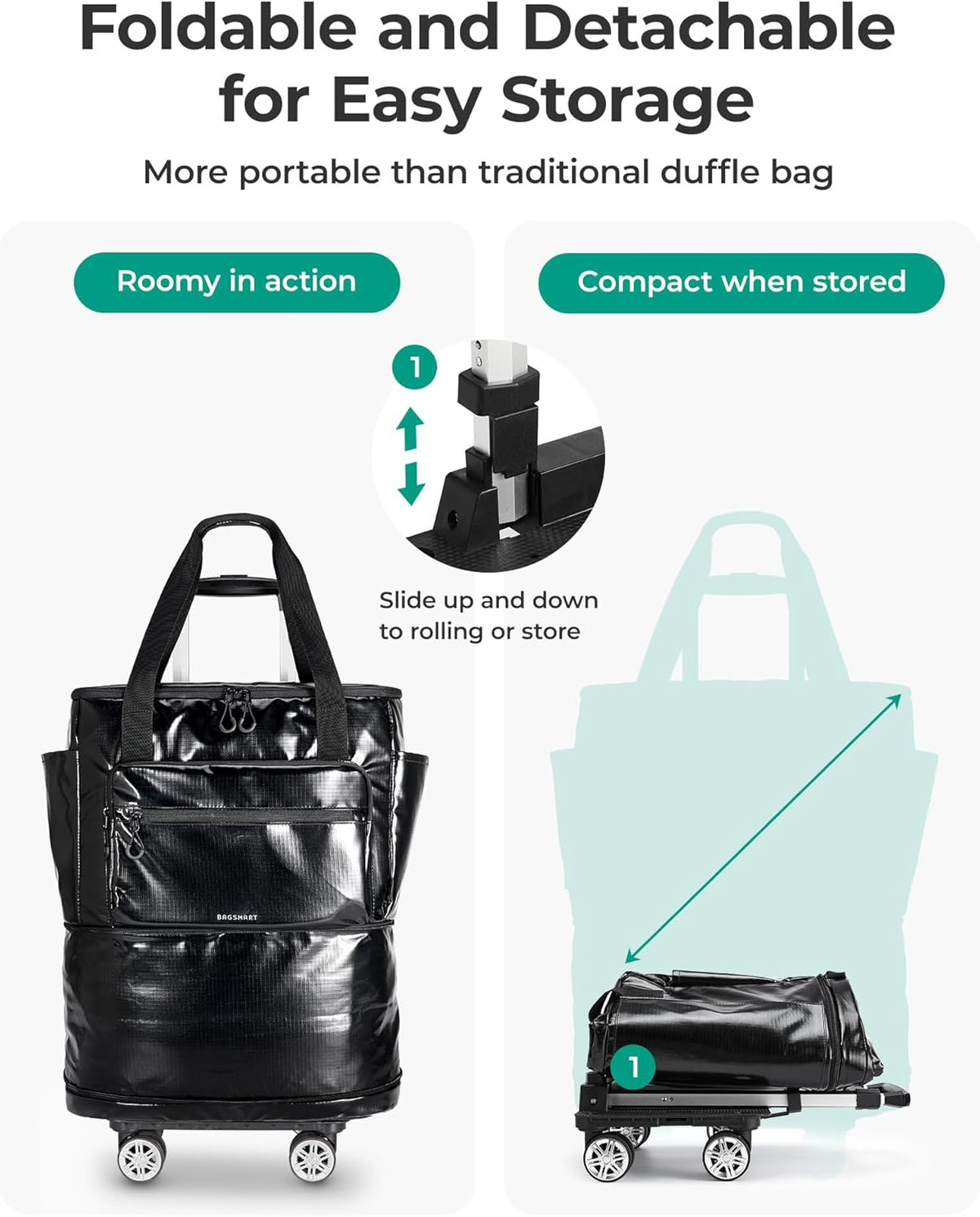 BAGSMART Rolling Duffle Bag with Wheels, Travel Duffel Luggage Bag for Women, Water Repellent Heavy Duty for Travel Camp, Charcoal, Medium, 48L