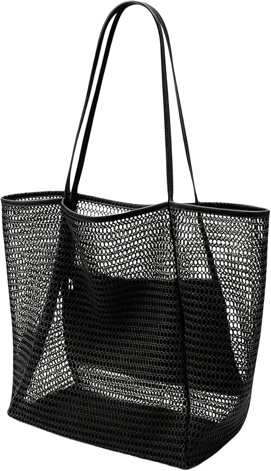 Women's Beach Bags, Lightweight Mesh Tote Bag, Sandproof Woven Shoulder Handbag with Zipper Pocket for Pool Travel
