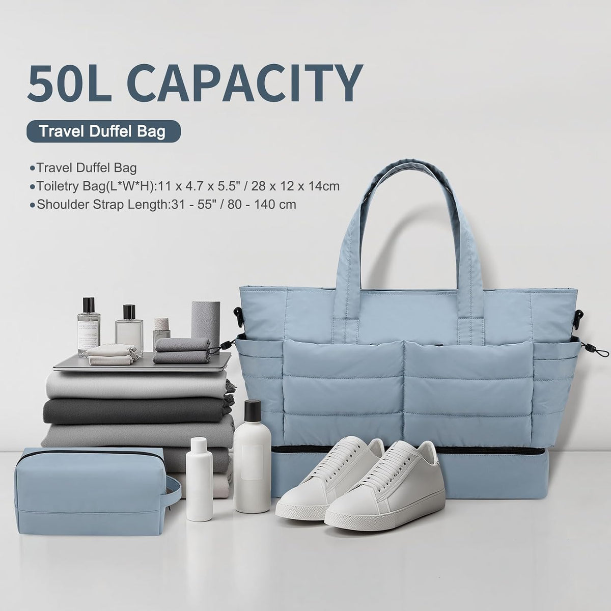 50L Travel Duffel Bag for Women, Weekender Travel Bag with Shoe Compartment & Toiletry Bag, Overnight Carry On Bag for Gym Trip, Blue
