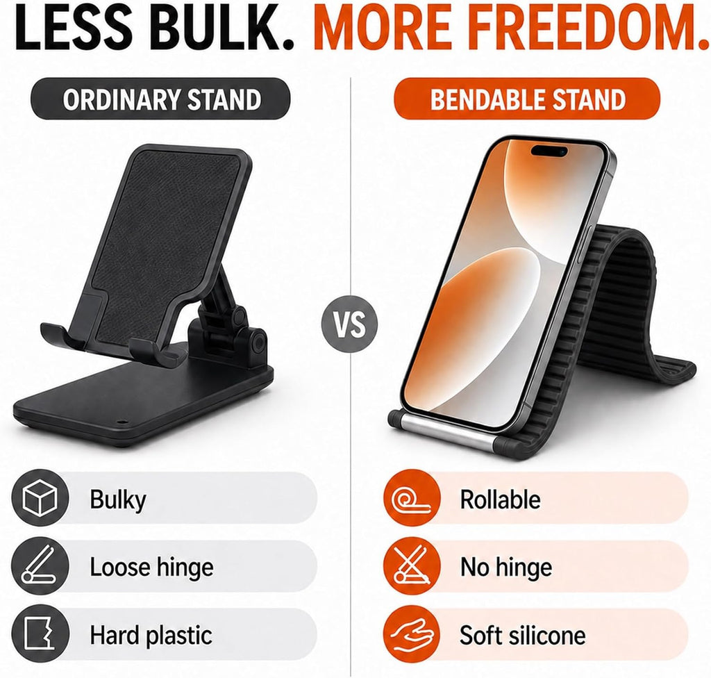 Flexible Silicone Phone Holder, Foldable Stand for Airplane Travel (Black)