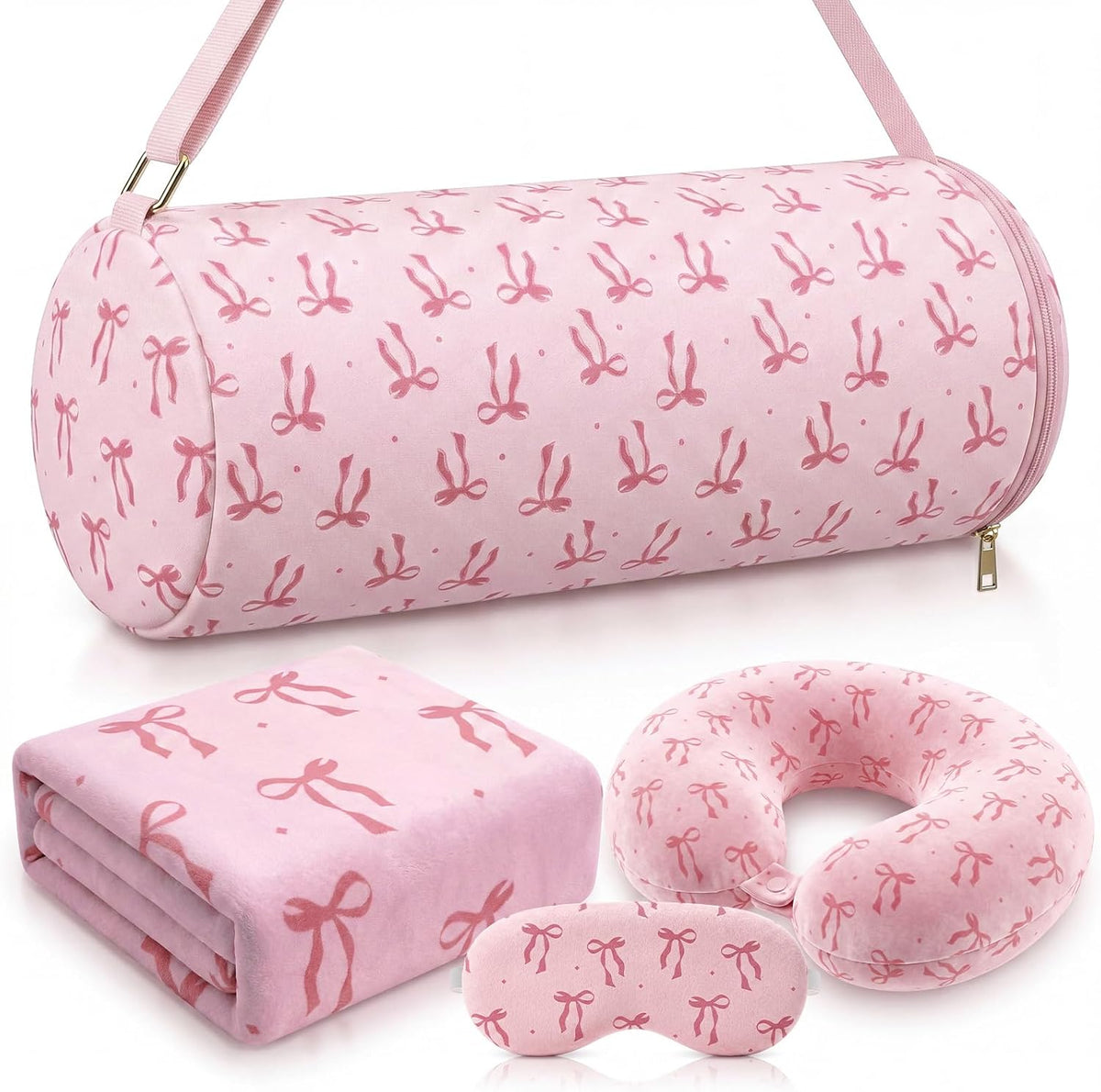 Moukeren 4 Pcs Pink Bow Travel Pillow and Blanket Set for Women and Girls