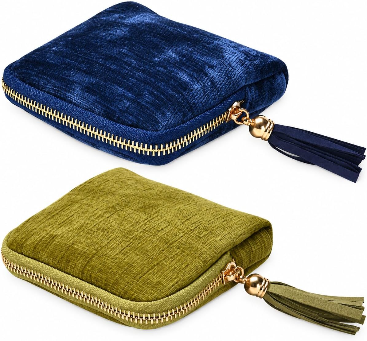 2-Pack Velvet Jewelry Organizer Case - Travel Zipper Pouch with Tassel, 6-Layer Storage for Bracelets, Bangles & Accessories (Matcha Green and Dark Blue)