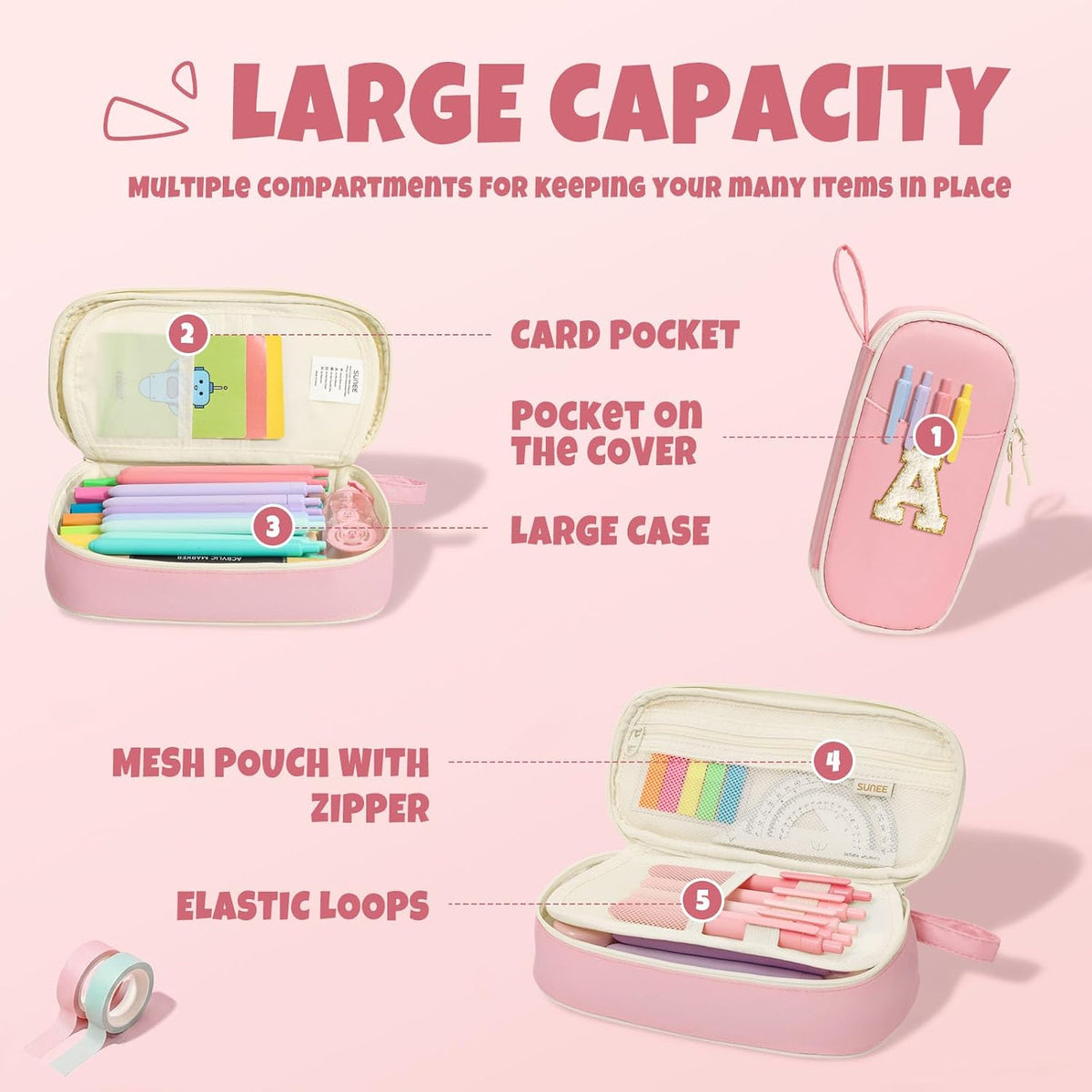 SUNEE Cute Pencil Case, Kawaii Big Capacity Pencil Pouch, Personalized Initial Pencil Bag with Zipper, Stationery Storage and Organizer, Back to School Supplies, Pen Box for Girls & Boys, Teen, A-Pink