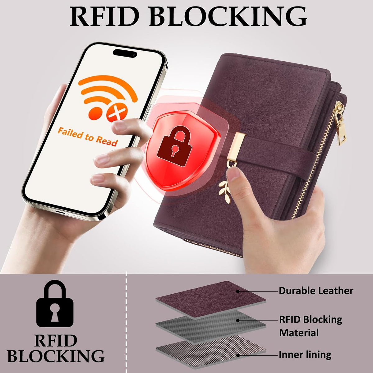 Womens RFID Blocking Trifold Wallet PU Leather Card Holder Burgundy