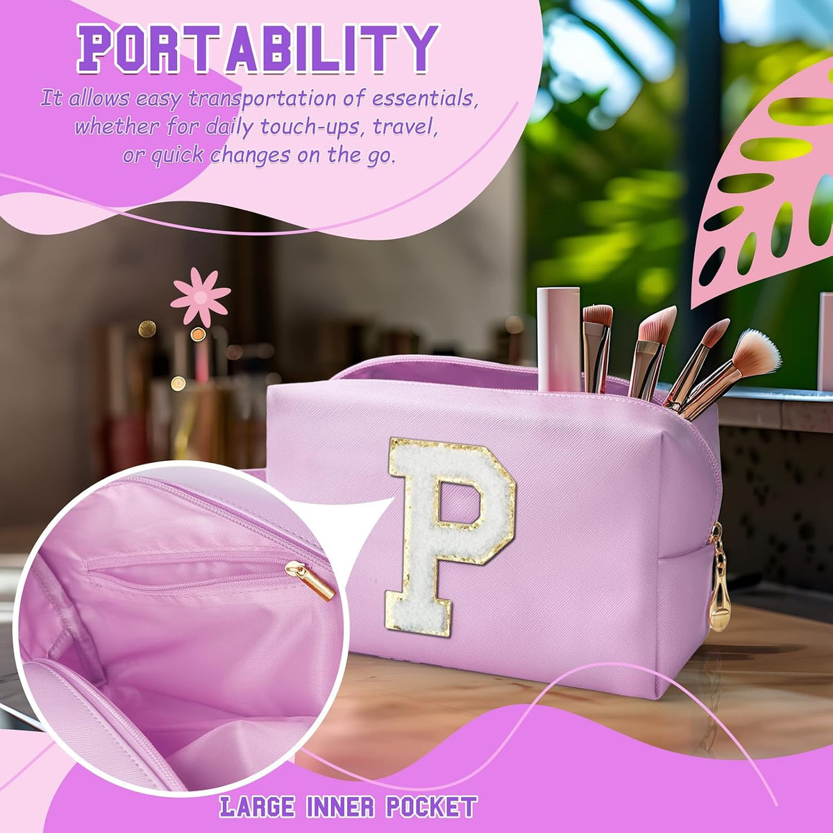 Personalized Initial Makeup Bag with Handle, Preppy Cosmetic Bag with Inner Zipper Pocket, 8 9 10 11 12 13 14 Years Old Girl, Graduation Gifts for Teen Girls Women Teachers (P, Purple)