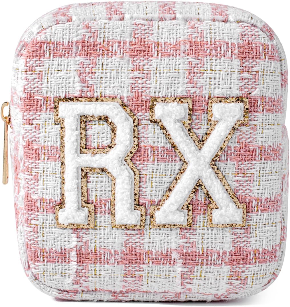 uekeboag Personalized Small Checkered Medicine Cosmetic Bag, Cute Plaid Pattern Chenille Letter Patch RX Drug Pouch with Zipper, Makeup Travel Gift Bag for Women and Girls (08 Pink Checkered)