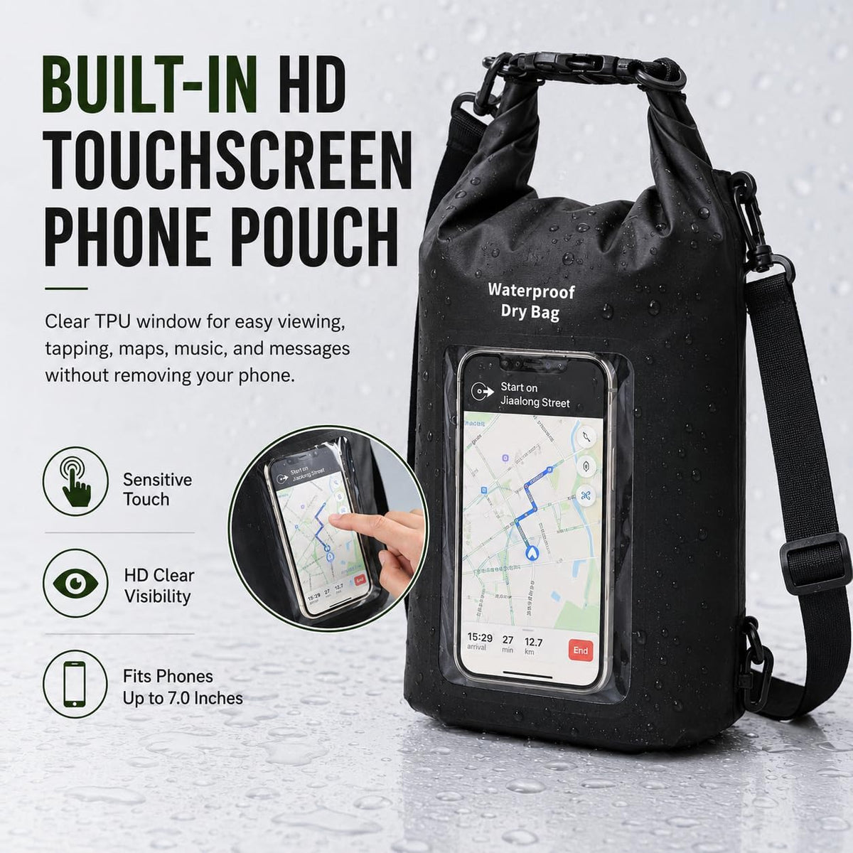 3L IPX8 Waterproof Dry Bag Backpack with Touchscreen Phone Pouch, Black