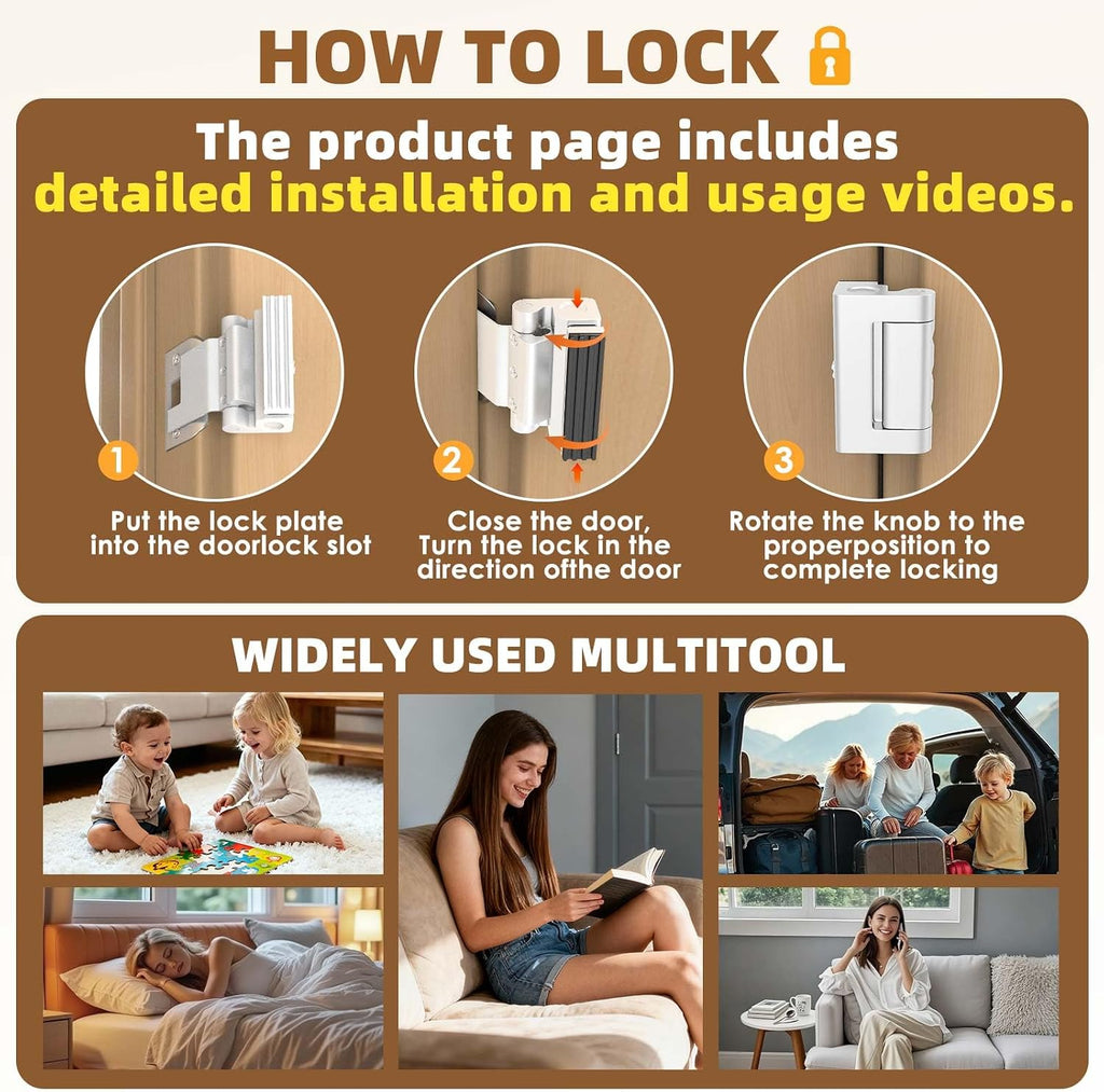 Portable Door Lock, Door Reinforcement Lock-No Drilling(White-3PCS)