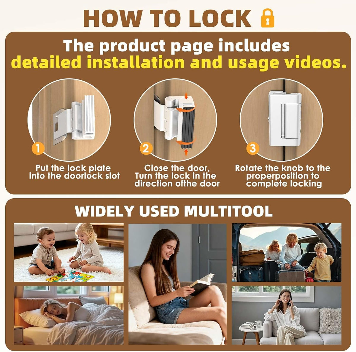 Portable Door Lock, Door Reinforcement Lock-No Drilling(White-3PCS)