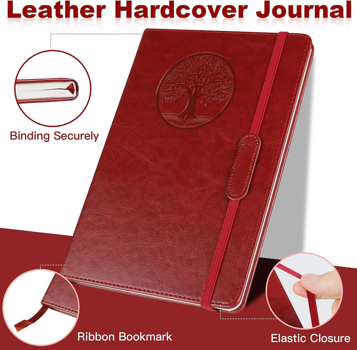 AZUREAL Journal for Women Men, Lined Journaling Notebooks A5 5.7x 8.3 In, Hardcover Leather Journal Diary 160 Pages, Journals for Writing, Travel, Business, Home & School (Wine Red)
