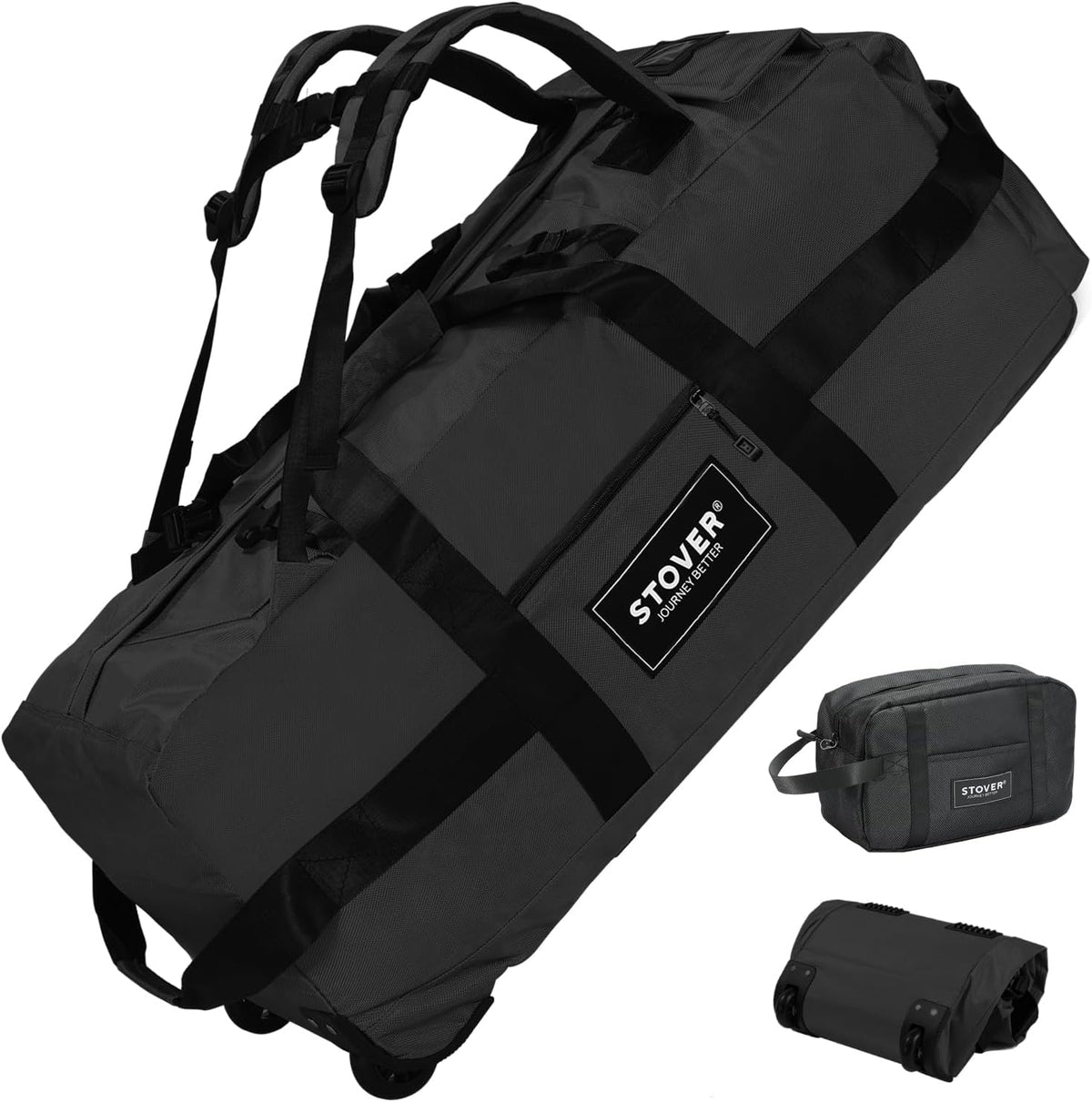 STOVER 45/80/100/120L Rolling Duffel Bag with Wheels, X-Large Durable Travel Duffle + Toiletry Bag, Heavy Duty, Packable with Shoulder Straps- Use as Luggage or Backpack, Men/Women (Black)