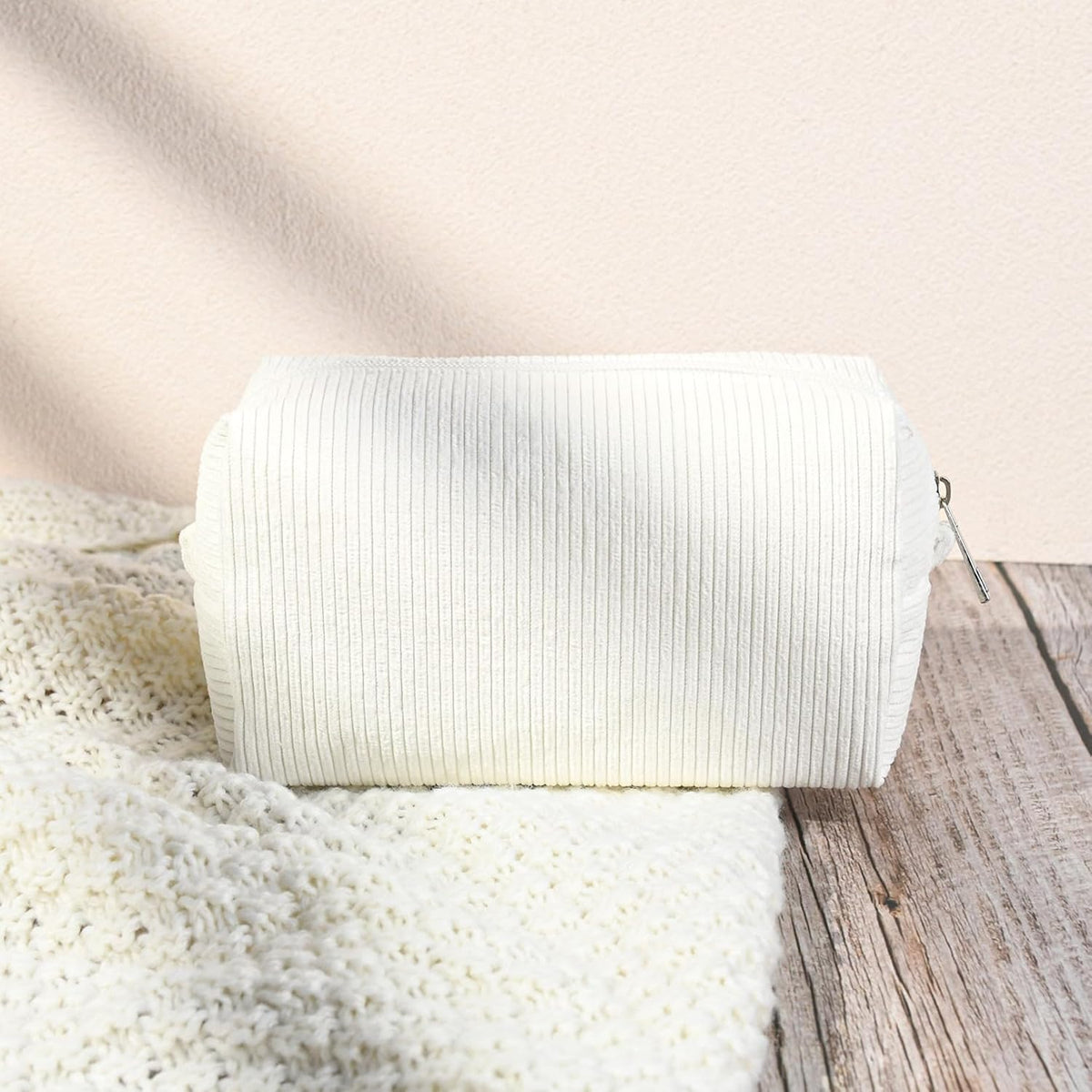 SOIDRAM 2 Pack Corduroy Makeup Bag for Women, Beige Makeup Pouch Small Cosmetic Bag Travel Toiletry Organizer for Skincare, Brushes & Essentials