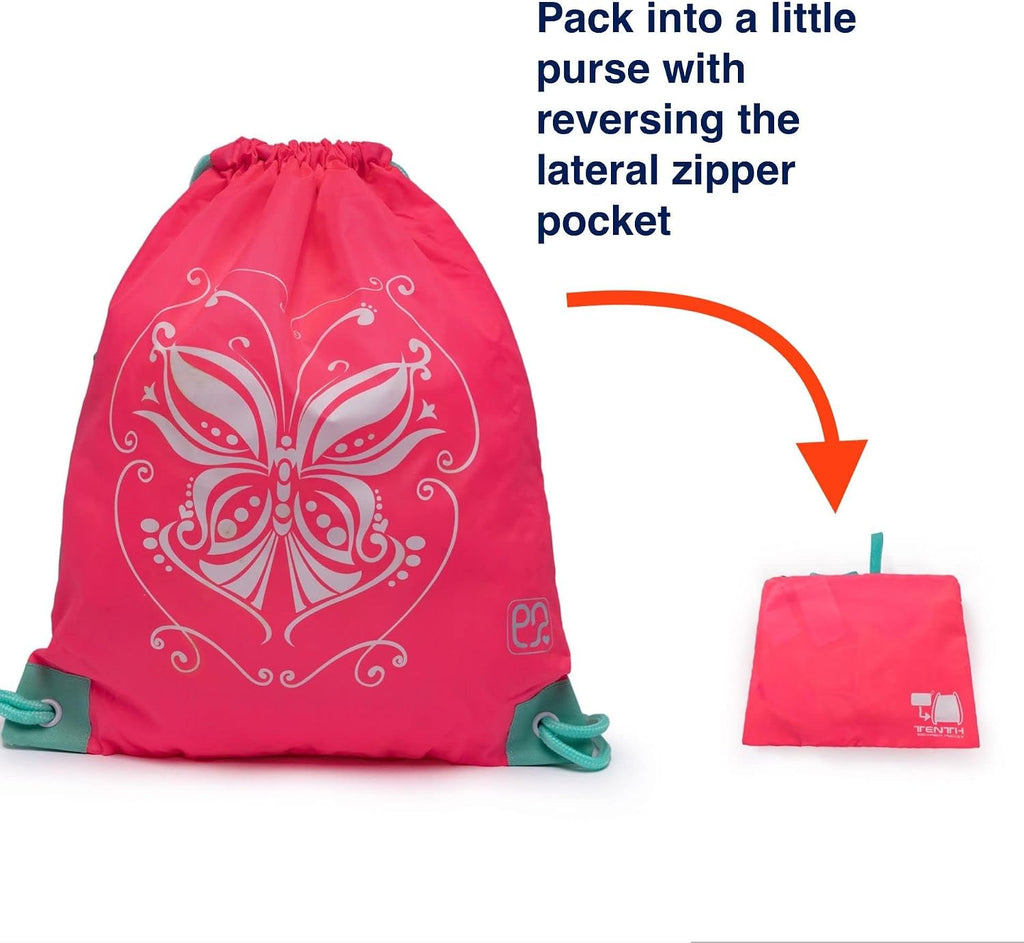 Girls Packable Drawstring Bag - 10L Drawstring Sports Cinch Bag with Zipper Pockets n Adjustable Shoulder Straps for age 6+ (Flamming)