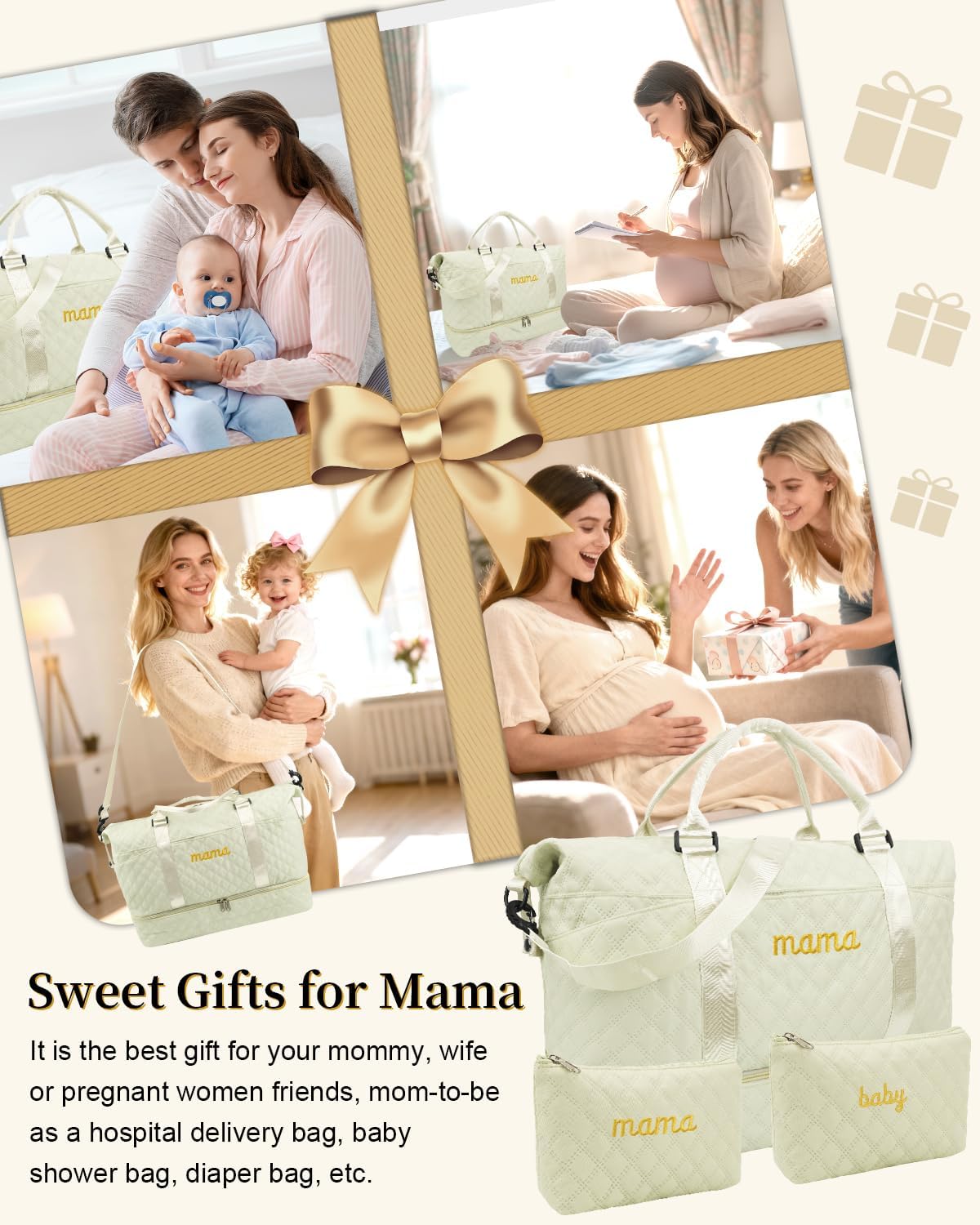 Mama Baby Pregnancy Hospital Bag Essentials for Women Labor Delivery Diaper Organizer with Shoe Compartment,2 Waterproof Toiletry Pouch Travel Duffle Bag for Mommy Weekender Overnight Gym Gifts,Beige