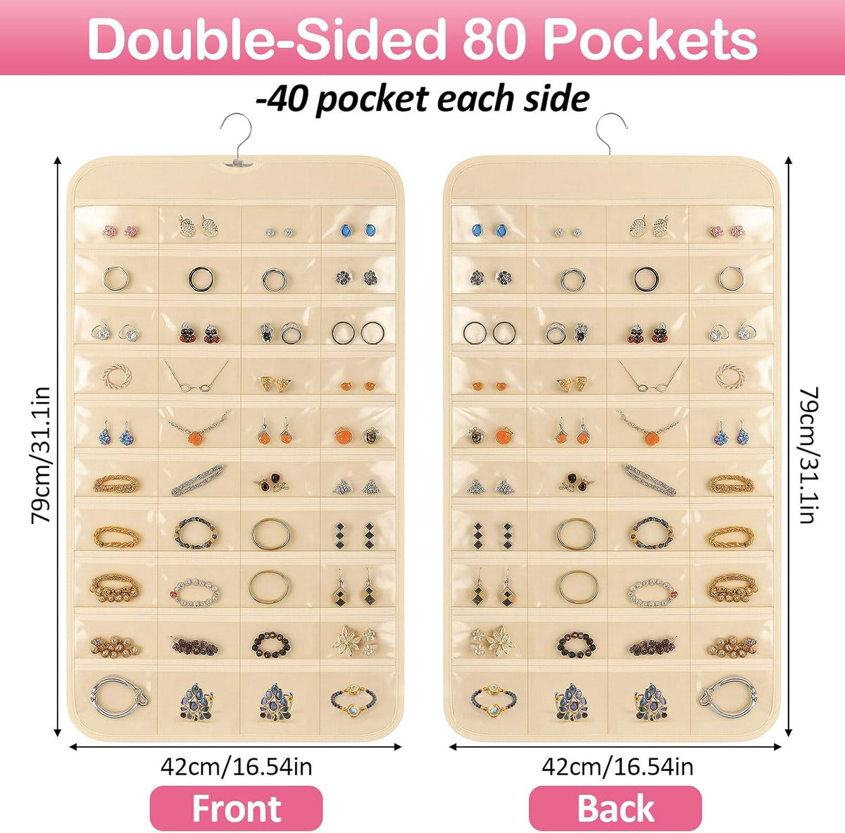 1 Pack Hanging Jewelry Organizer, 80 Clear Pockets Earring Storage