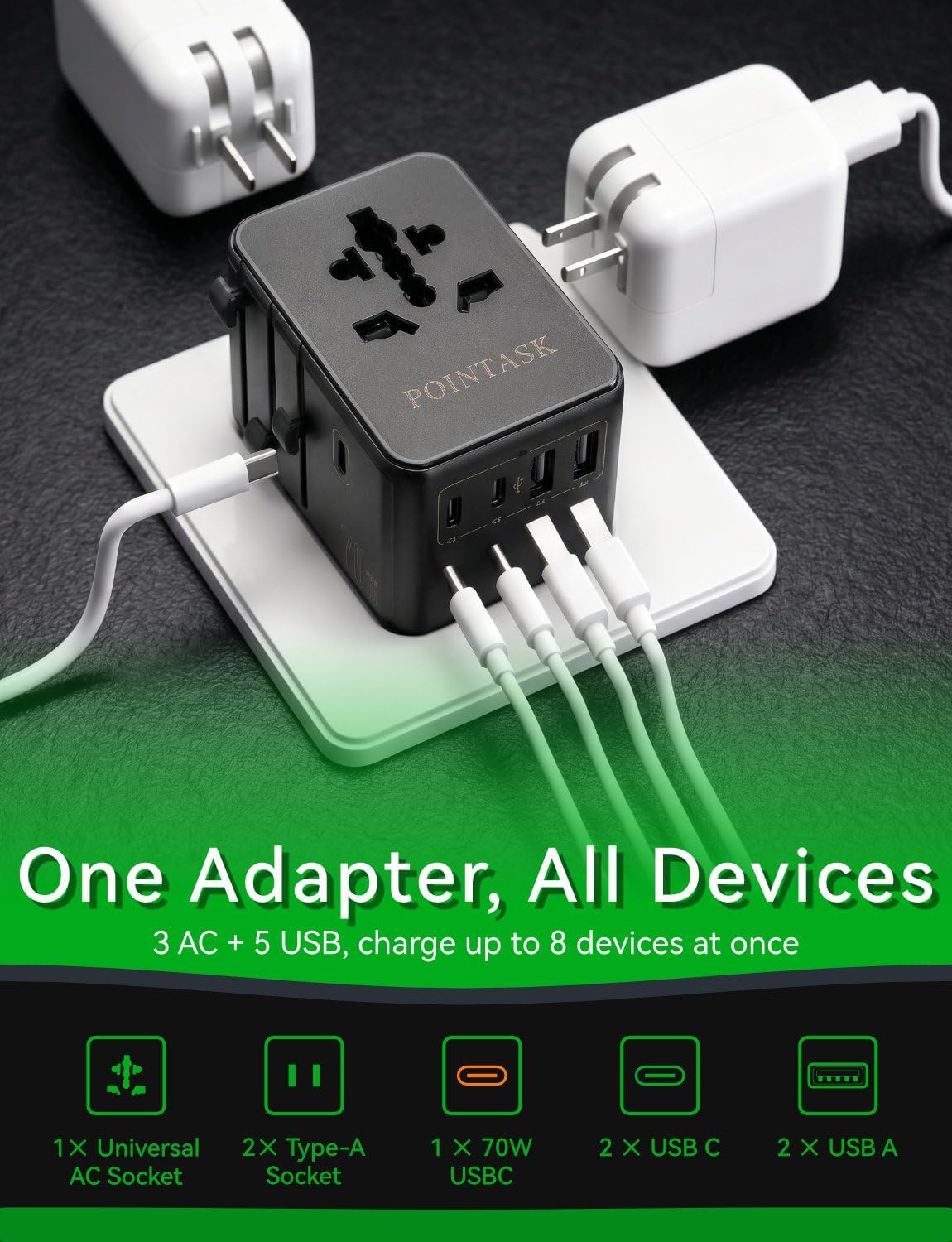 70W GaN 8-Port Universal Travel Adapter, International Power Adapter