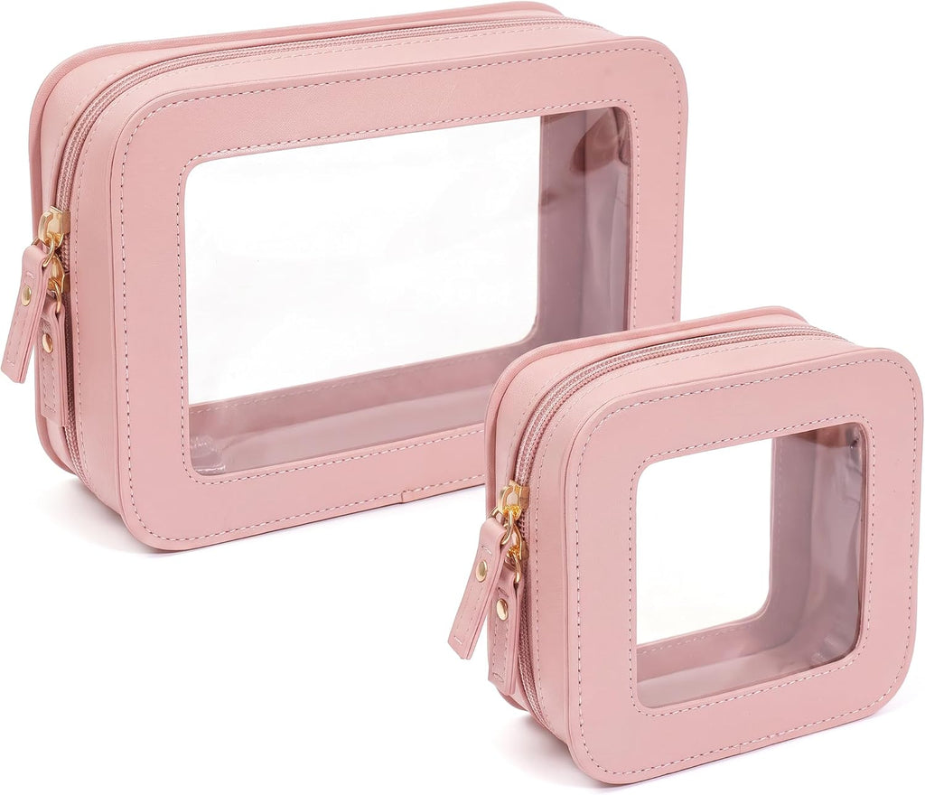 LETGO Makeup Bag Set of 2,Travel Toiletry Bag for Women, Small Cosmetic Bags Cute PVC Makeup Pouch for Purse Emergency Bag Car Accessory Bag for Girls (2Pack-Standard&Square, Light Pink)