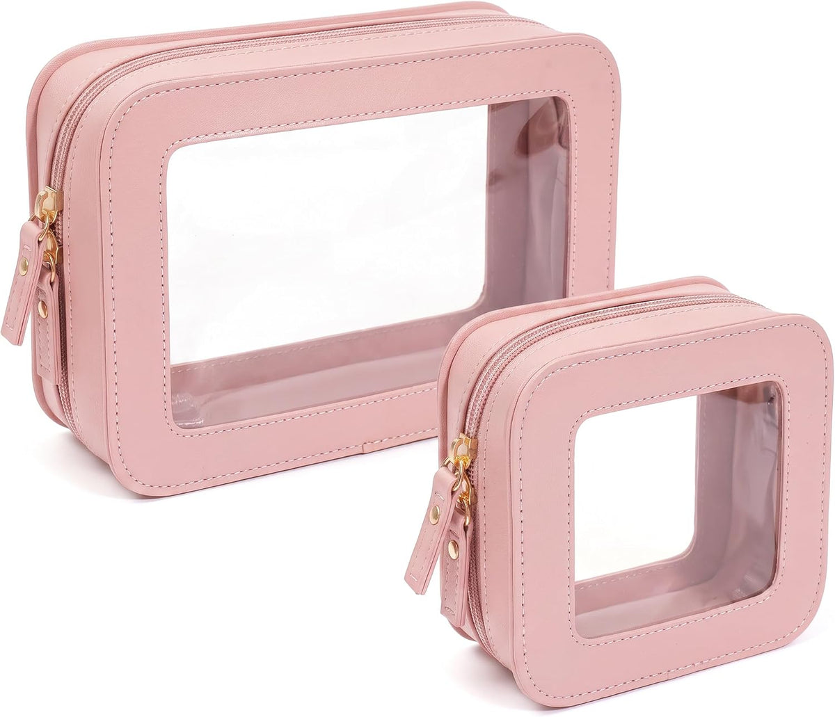 LETGO Makeup Bag Set of 2,Travel Toiletry Bag for Women, Small Cosmetic Bags Cute PVC Makeup Pouch for Purse Emergency Bag Car Accessory Bag for Girls (2Pack-Standard&Square, Light Pink)