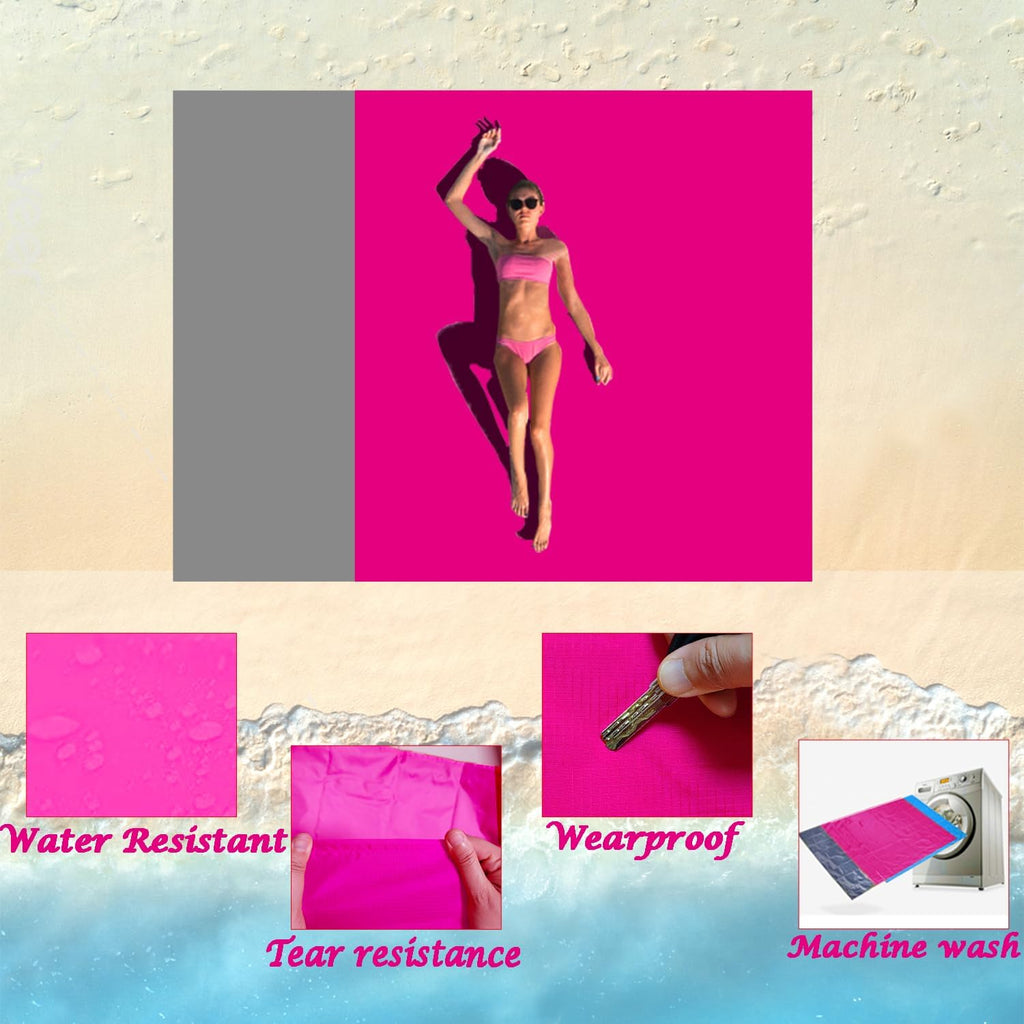 Outdoor Pocket Blanket Extra Large Beach Blanket Sandproof 82″x 78″for 4-6 Adults Compact Foldable Quick Drying Lightweight Picnic Blankets Waterproof with 4 Stakes & Bag (Pink+Grey)