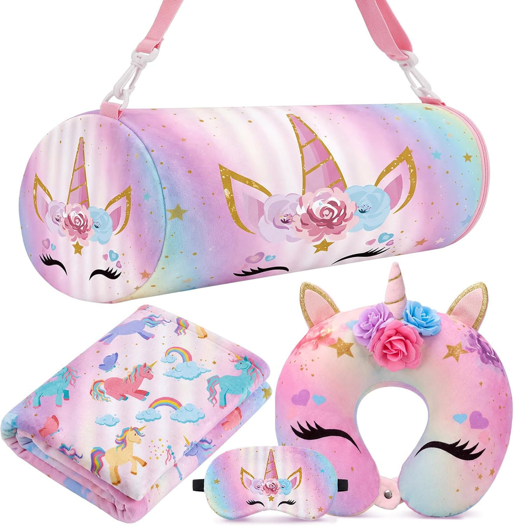 Moukeren 4 Pcs Christmas Unicorn Travel Pillow Blanket Set for Women Girls