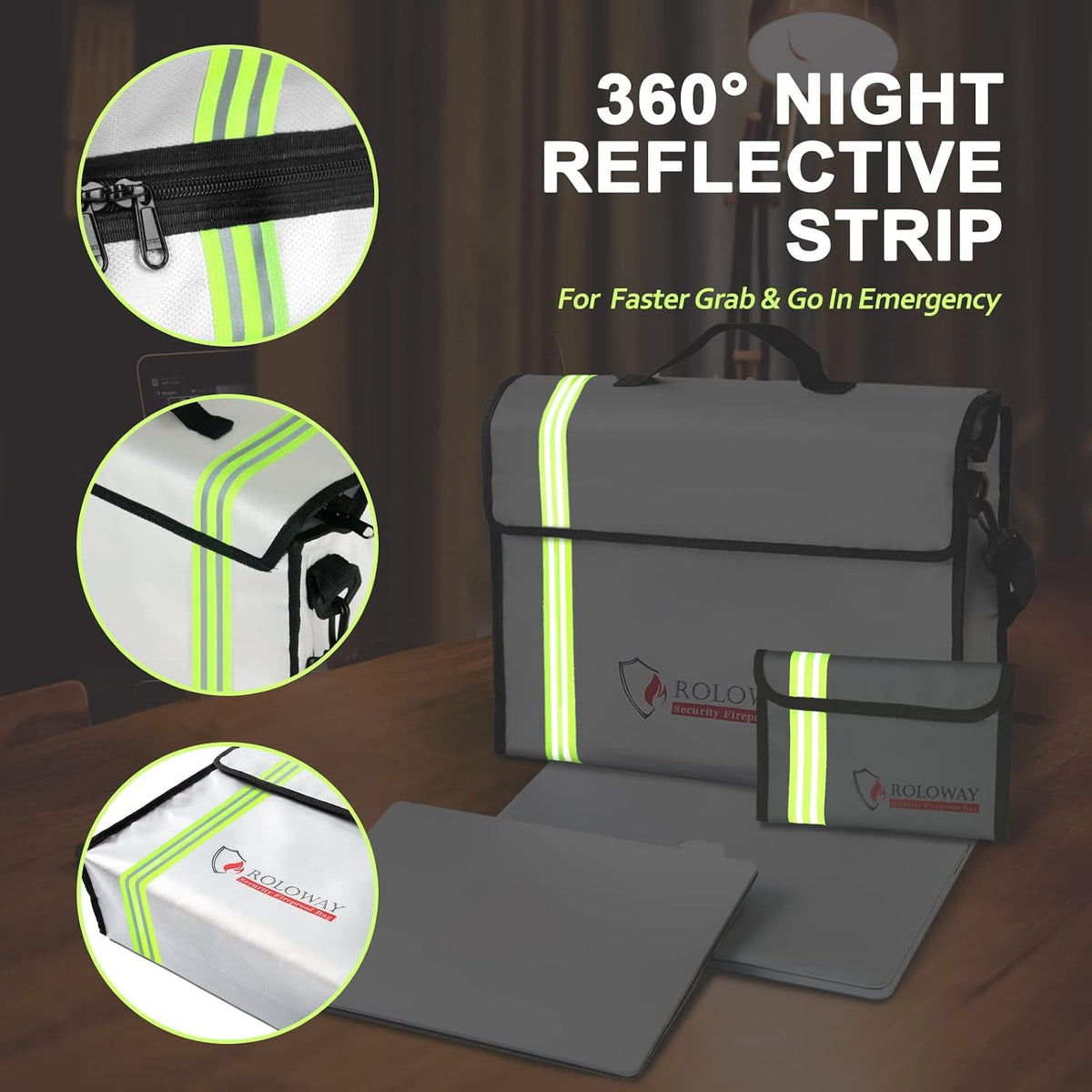 ROLOWAY Large (15 x 12 x 5 inches) Fireproof Bag with Reflective Strip, Water Resistant Fireproof Document Bag Safe for Money, Documents and Valuables Storage