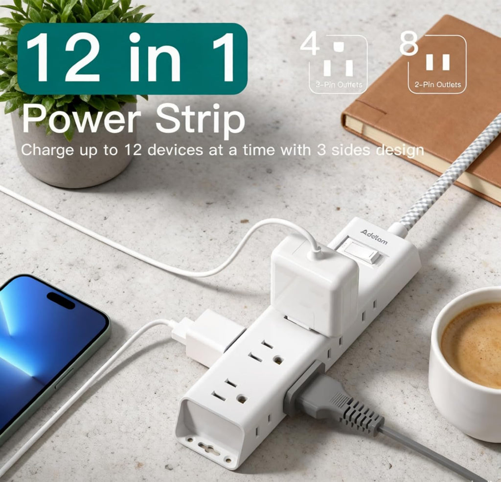 White Braided Power Strip Surge Protector with 12 Outlets
