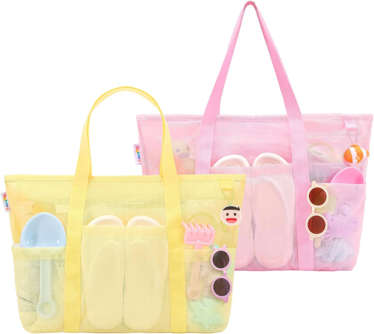 Tagitary Mesh Beach Bag with Zipper and 8 Pockets Yellow & Pink, Large Beach Tote Waterproof Sandproof for Camping Sports Pool Swim Bag Foldable Beach Accessories Storage Travel Bag