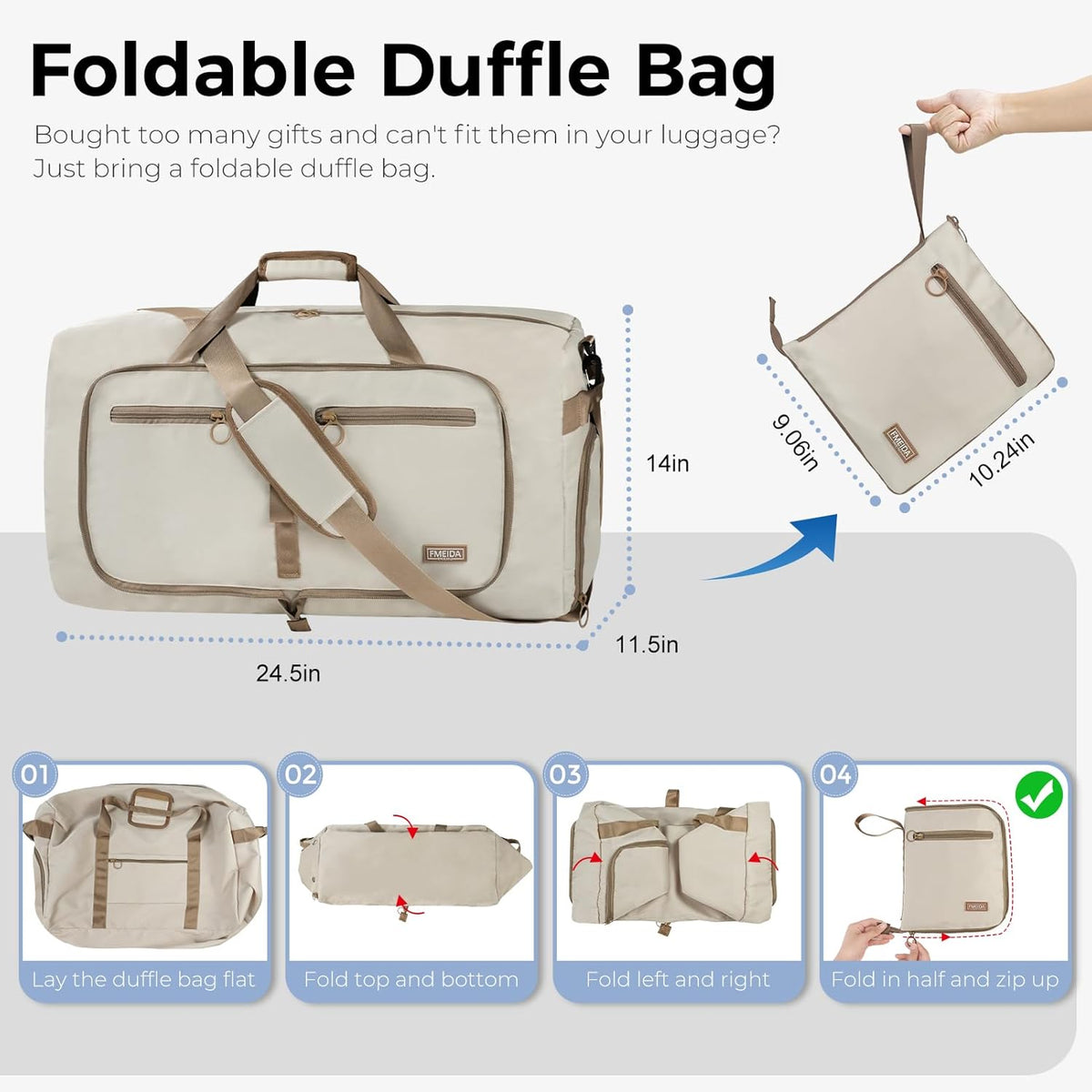 Fmeida 65L Duffle Bag Foldable Travel Duffel Bags for Men Women Travel Bag