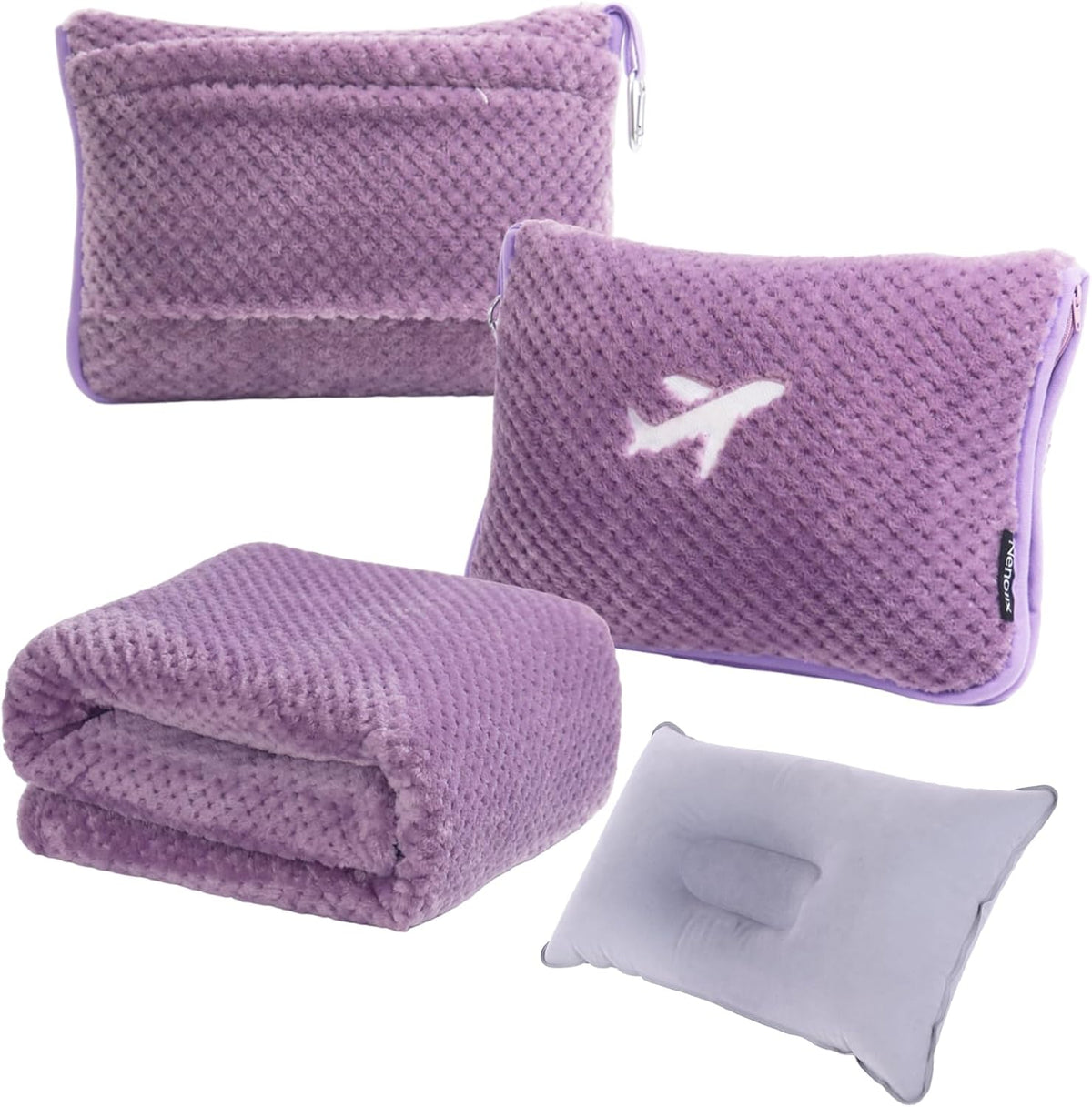 3 in 1 Travel Blanket Pillow Set - 350 GSM Thick Travel Blanket Airplane Compact with Bag, Soft Bag with a Pocket, Inflatable Travel Pillow for Camping & Car Trip (Violet)