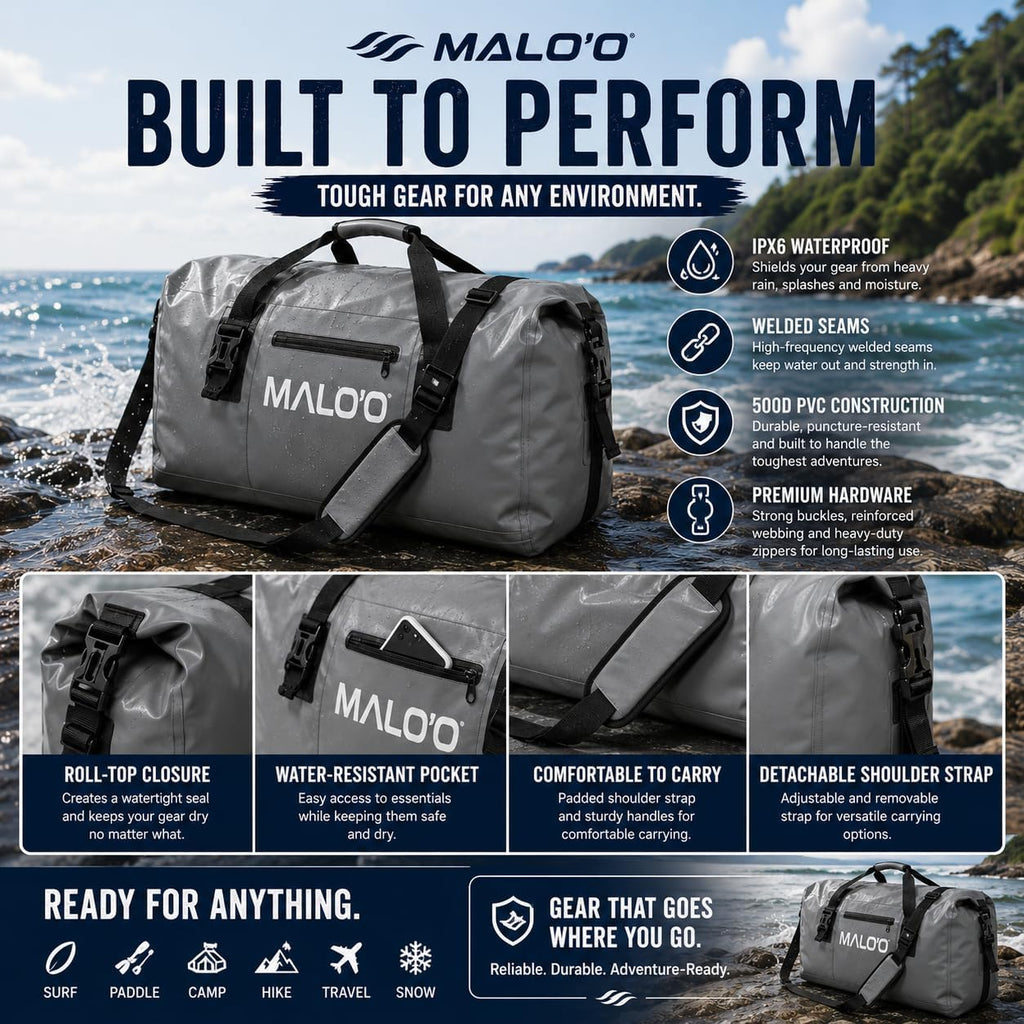 Malo’o Waterproof Dry Duffel, Heavy-Duty Roll Top Waterproof Gear Bag with Shoulder Strap & Molle Loops, Marine Duffel for Kayaking, Boating, Camping, Beach & Travel, Dark Green, 60L