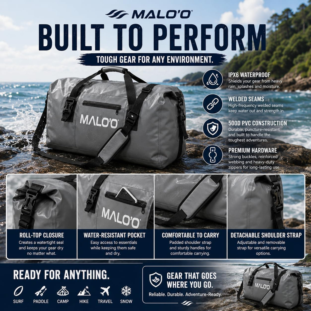 Malo’o Waterproof Dry Duffel, Heavy-Duty Roll Top Waterproof Gear Bag with Shoulder Strap & Molle Loops, Marine Duffel for Kayaking, Boating, Camping, Beach & Travel, Dark Green, 60L