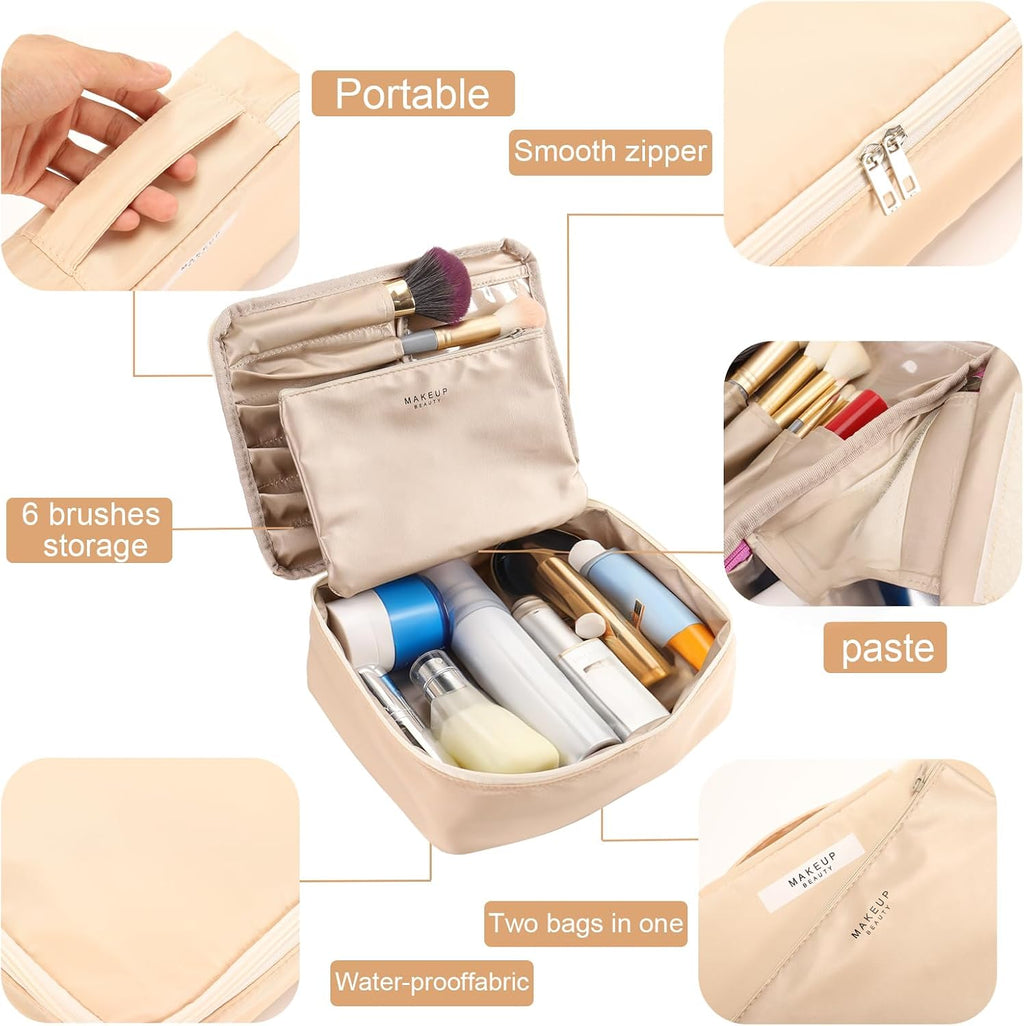 Queboom Travel Makeup Bag Cosmetic Bag Toiletry Bag for Women & Men, Beige