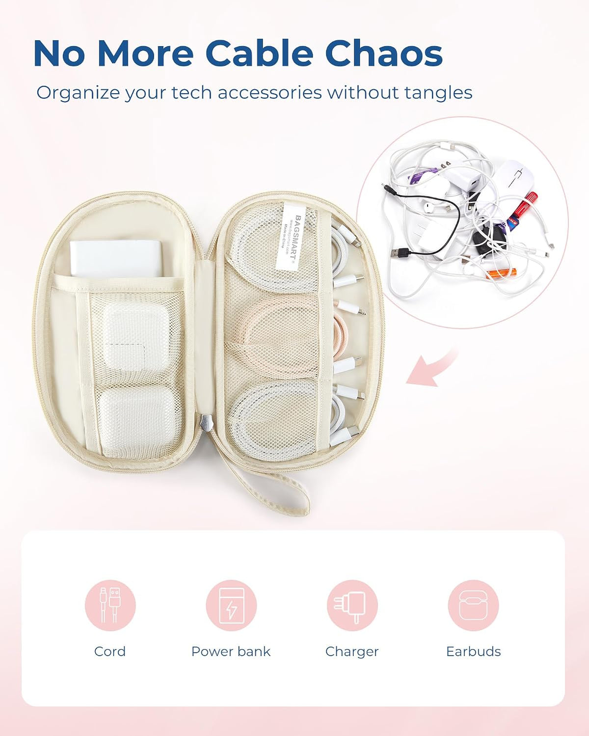 BAGSMART Electronics Organizer Travel Case for Cords Chargers Phones, Beige