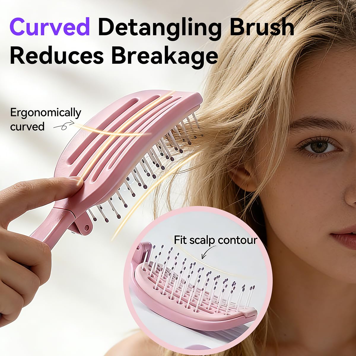 Self‑Cleaning Hair Brush, Curved Vented Detangler, Foldable Travel Pink