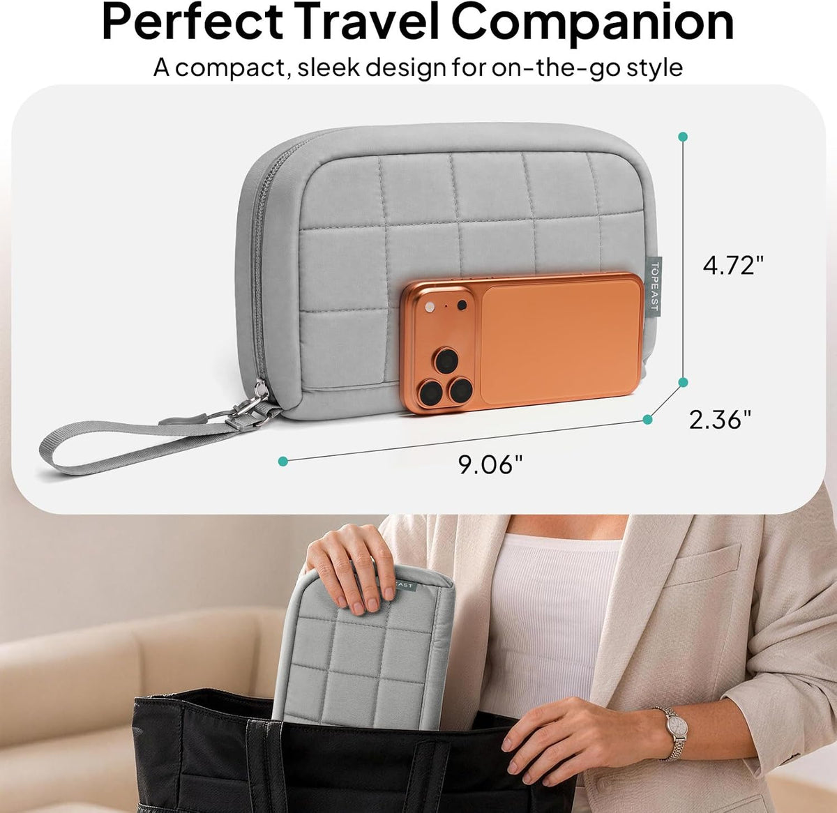 TOPEAST Quilted Cable Organizer Bag,Soft Tech Pouch Travel Electronics Case