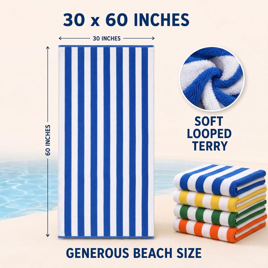 Breling 12 Pack 100% Cotton Oversized Cabana Stripe Beach Towels 30" x 60"