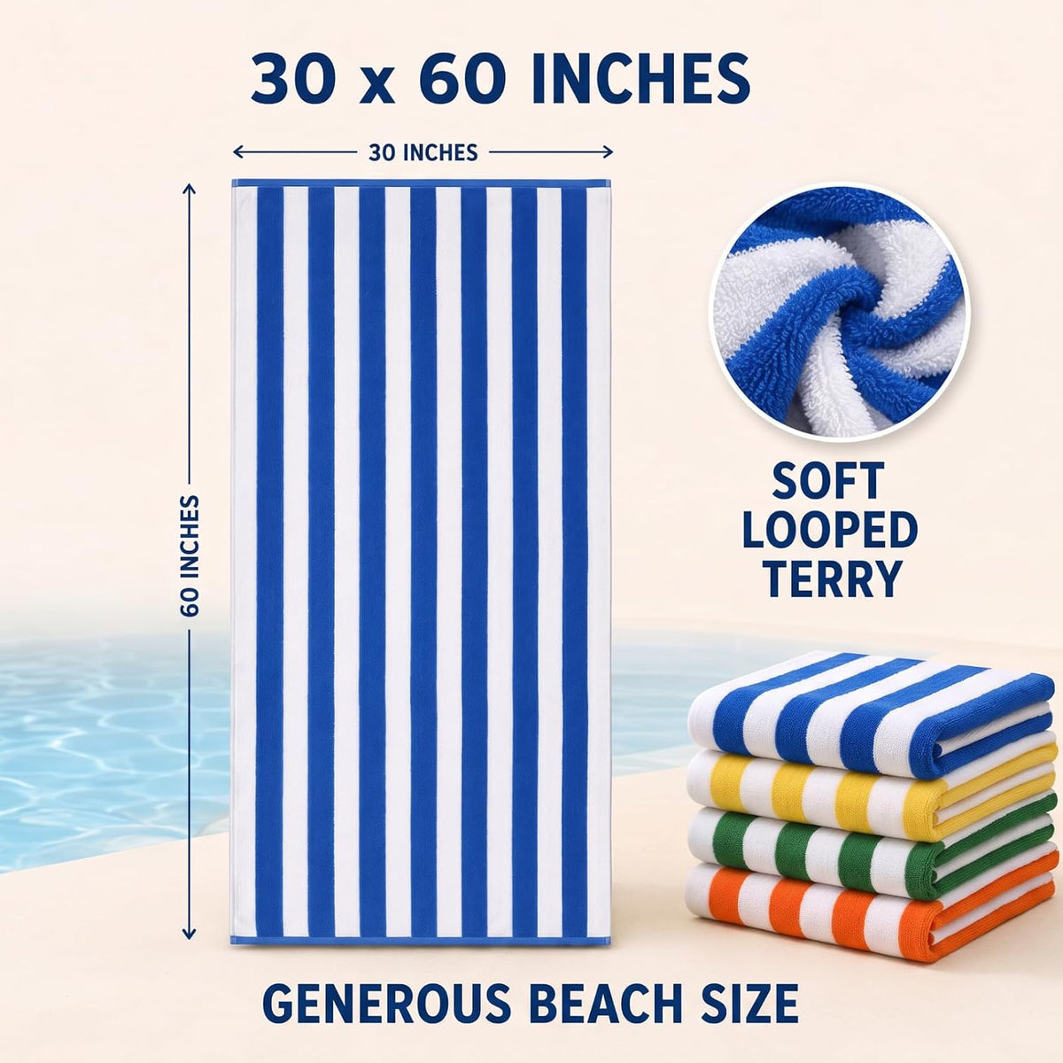 Breling 12 Pack 100% Cotton Oversized Cabana Stripe Beach Towels 30" x 60"