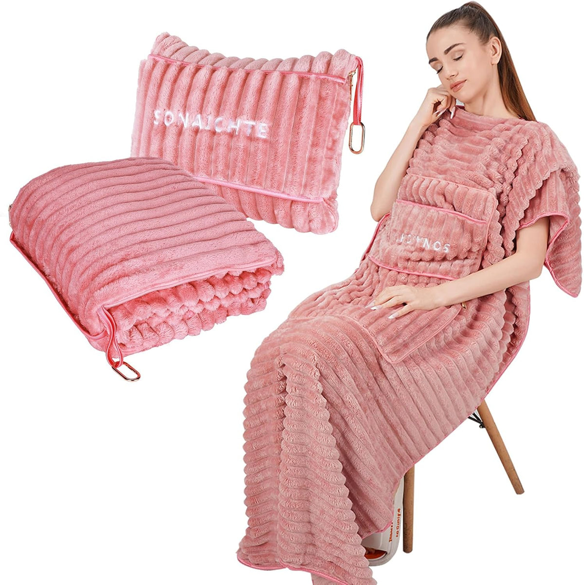 Travel Pillow and Blanket Set Travel Blanket Airplane Compact with Bag Travel Blanket Airplane Travel Essentials Car Blankets for Adults (Light Pink)