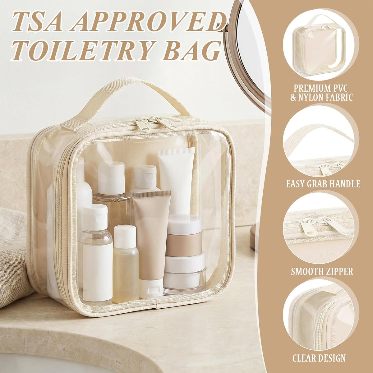 Abbylike 3 Pcs Small Toiletry Bags Reusable Quart Size Travel Liquid Pouch Single-sided Clear PVC Carry-on Organizer with Handle Cosmetic Bags for Airport Security Women Men(Beige)