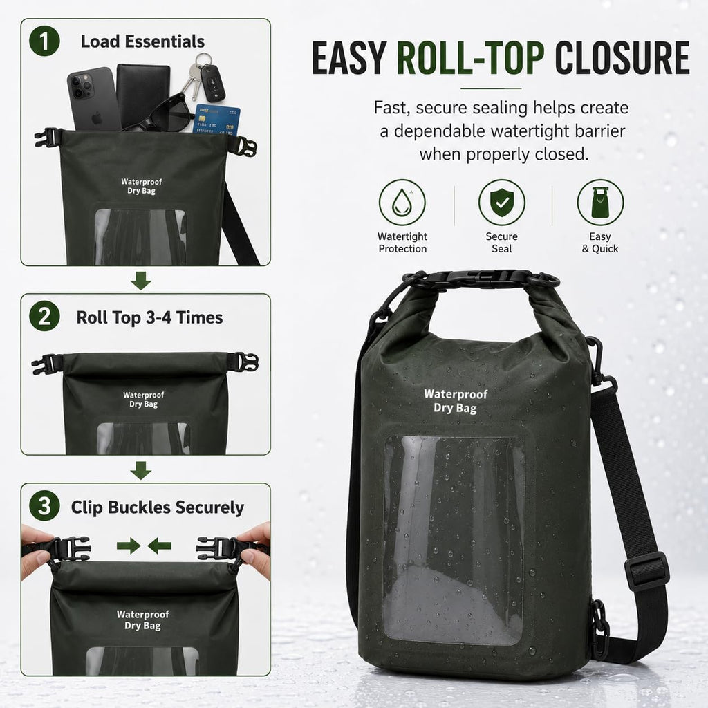 3L IPX8 Waterproof Dry Bag Backpack with Touchscreen Phone Pouch,Green